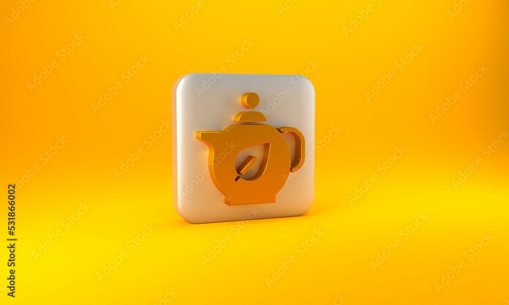 金色茶壶，黄色背景上有叶子图标。银色方形按钮。3D渲染插图