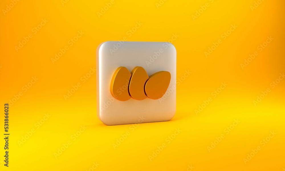 黄色背景上隔离的金色鸡蛋图标。银色方形按钮。3D渲染图