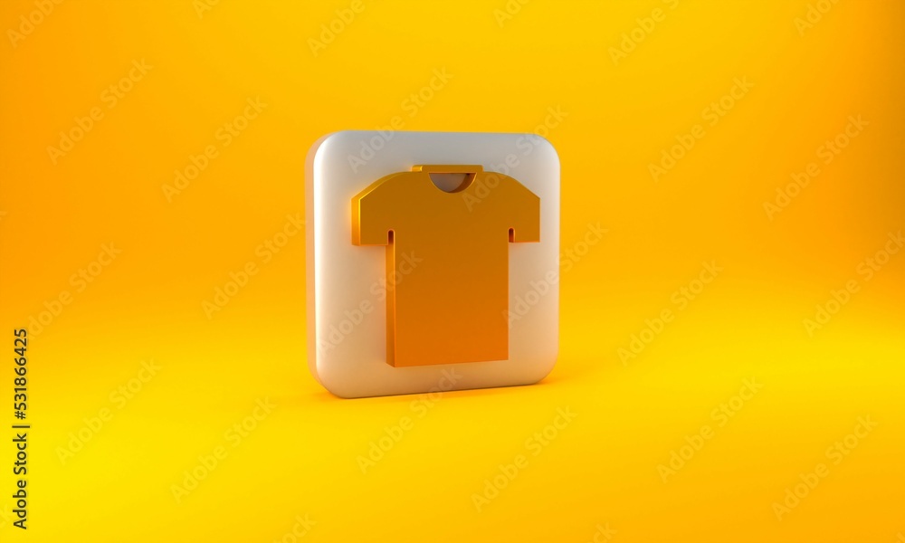 Gold T-shirt icon isolated on yellow background. Silver square button. 3D render illustration