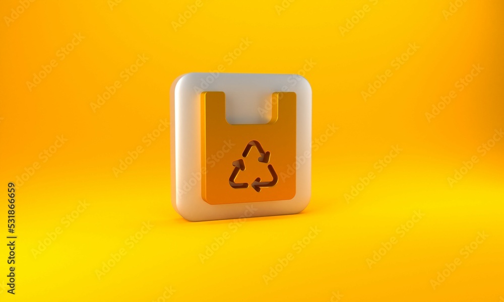 黄色背景上有回收图标的金纸购物袋。带有回收符号的袋子。