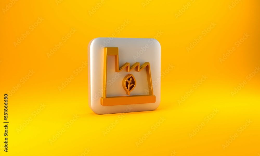 Gold Plant recycling garbage icon isolated on yellow background. Silver square button. 3D render ill