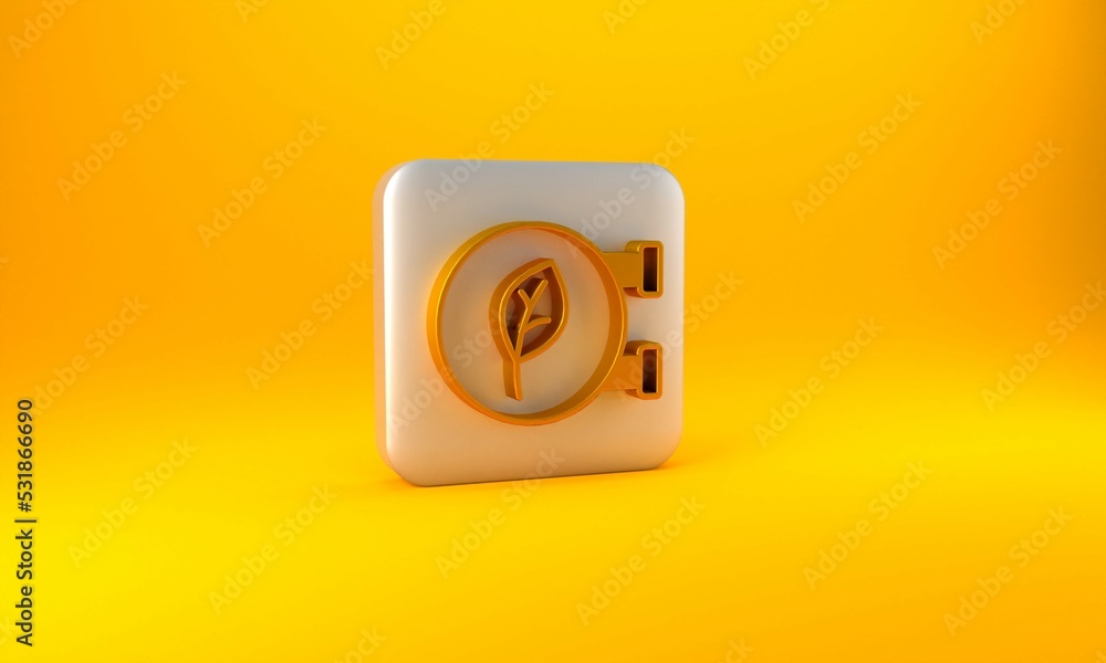Gold Eco shop icon isolated on yellow background. Organic shop or eco products sign. Silver square b