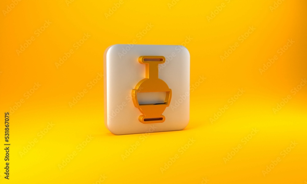 黄色背景上隔离的金色古代双耳瓶图标。银色方形按钮。3D渲染插图