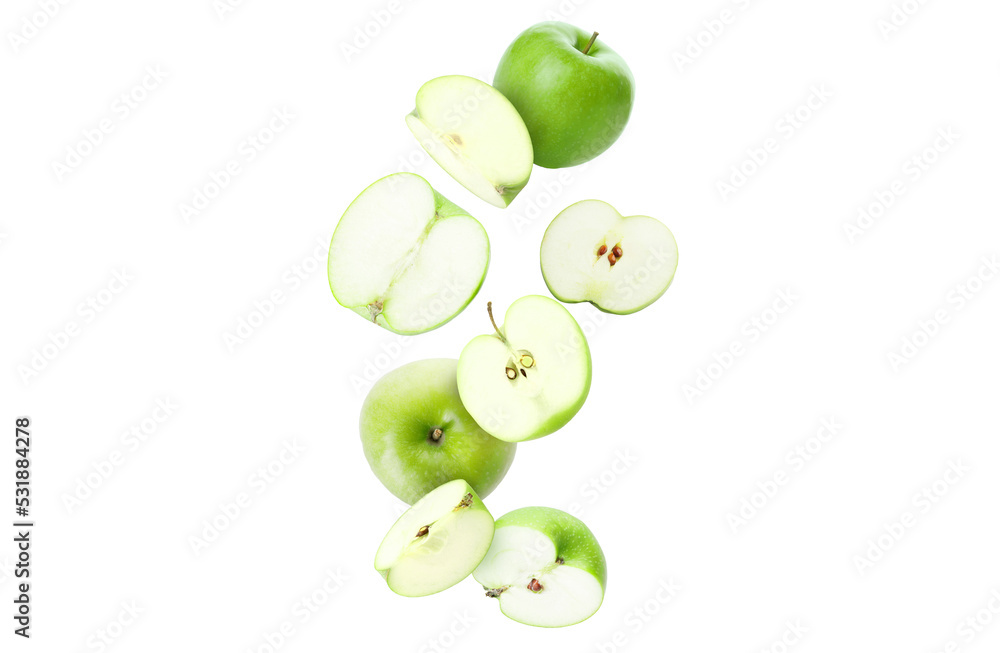 半个新鲜的绿色苹果，白底