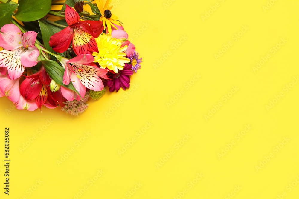 黄色背景下的秋花束，特写