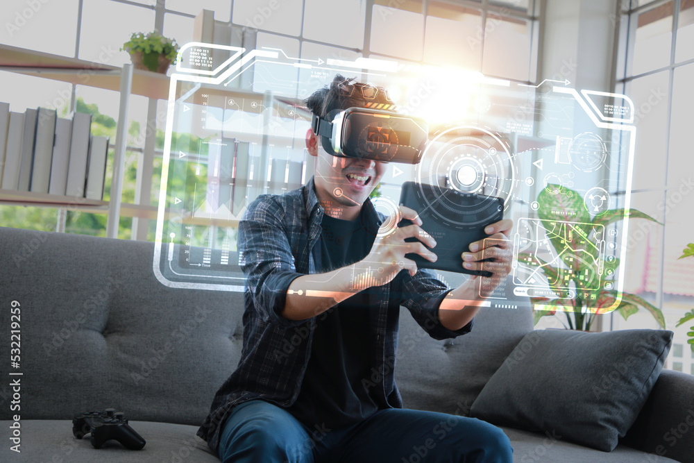 戴VR眼镜的人虚拟互联网连接元宇宙。元宇宙技术概念和创新