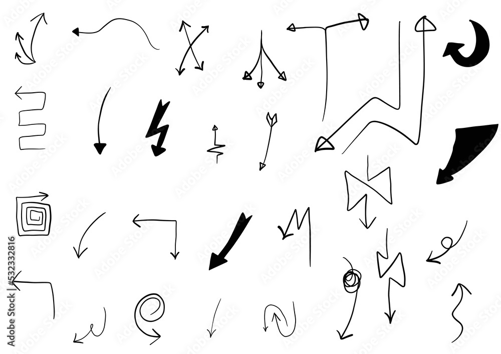 矢量手绘箭头集。方向标志或符号，箭头，烟花，弓，尾，心，集，l