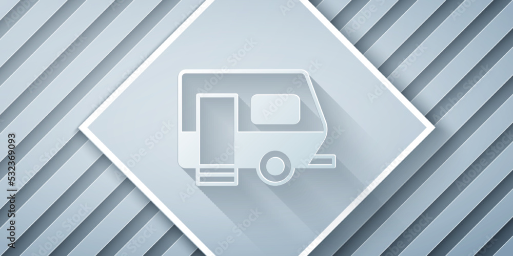 Paper cut Rv Camping trailer icon isolated on grey background. Travel mobile home, caravan, home cam