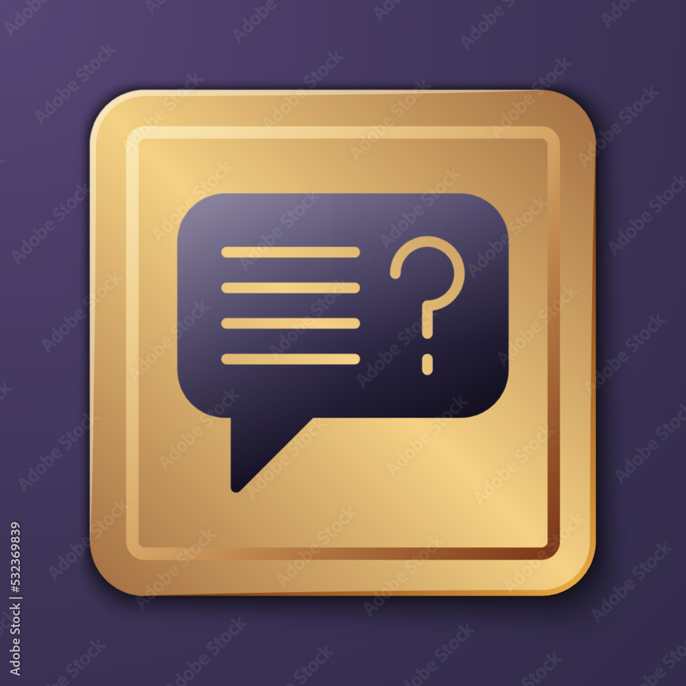 Purple Unknown search icon isolated on purple background. Magnifying glass and question mark. Gold s