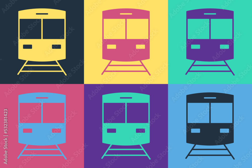Pop art Train and railway icon isolated on color background. Public transportation symbol. Subway tr