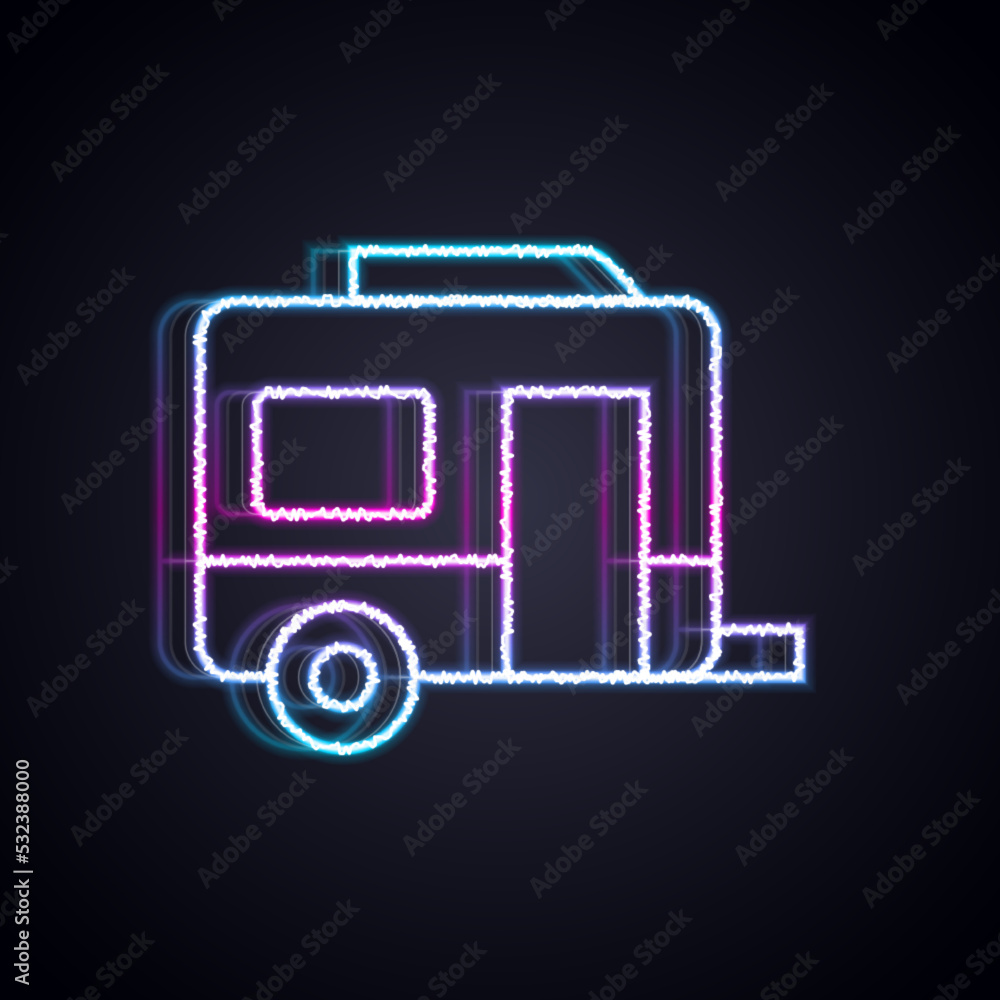 黑色背景上隔离的闪闪发光的霓虹灯线Rv露营拖车图标。旅行移动房屋，房车，