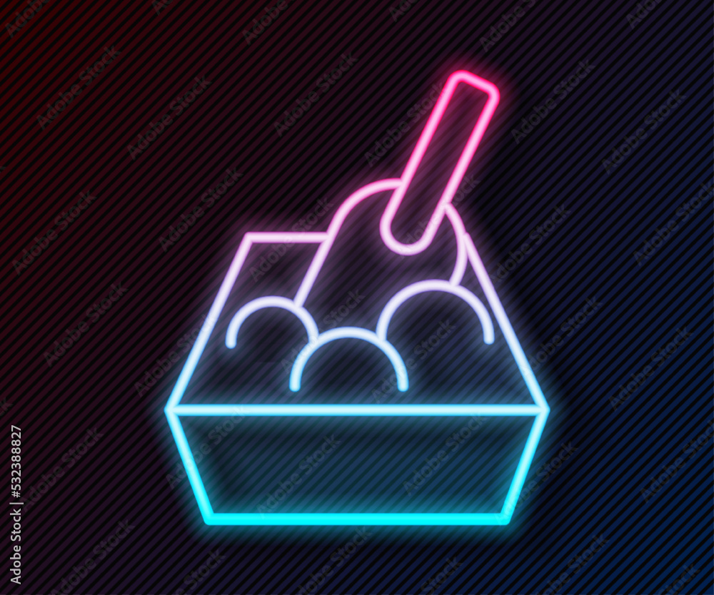 Glowing neon line Cat litter tray with shovel icon isolated on black background. Sandbox cat with sh