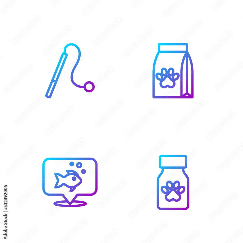 为宠物准备药瓶和药丸、鱼、宠物猫玩具和食品袋。渐变色图标。