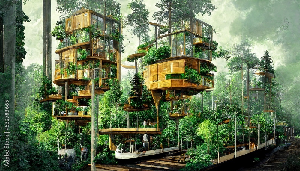 ESG概念中森林中绿色植物环绕的可持续树屋的壮观图像。E