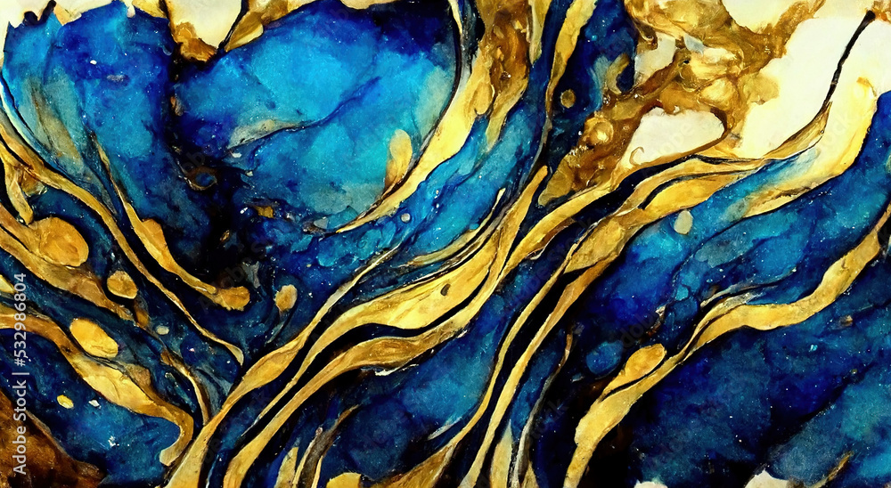 壮观的抽象纹理设计，背景是大理石上蓝色和金色的波浪状液体。Di