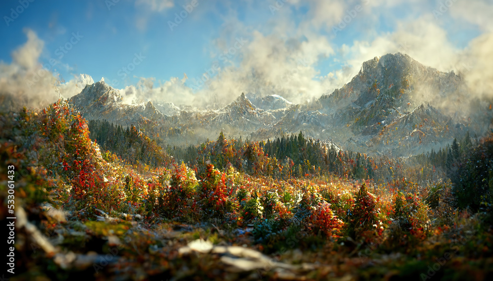 群山中壮观的秋季森林全景，远处有一座山峰