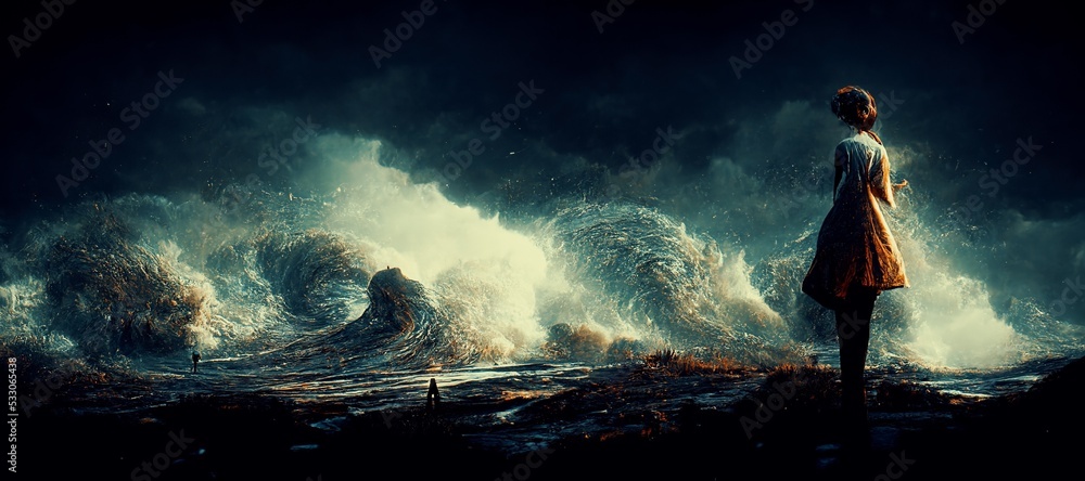 一个目中无人的女人目中无人地站着，巨浪拍打着礁石的壮观画面