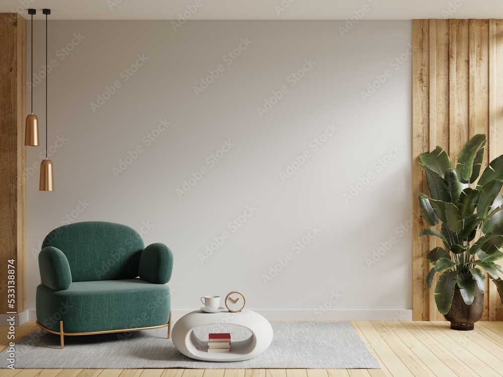 现代室内墙面空间，白色空房间上有绿色扶手椅。