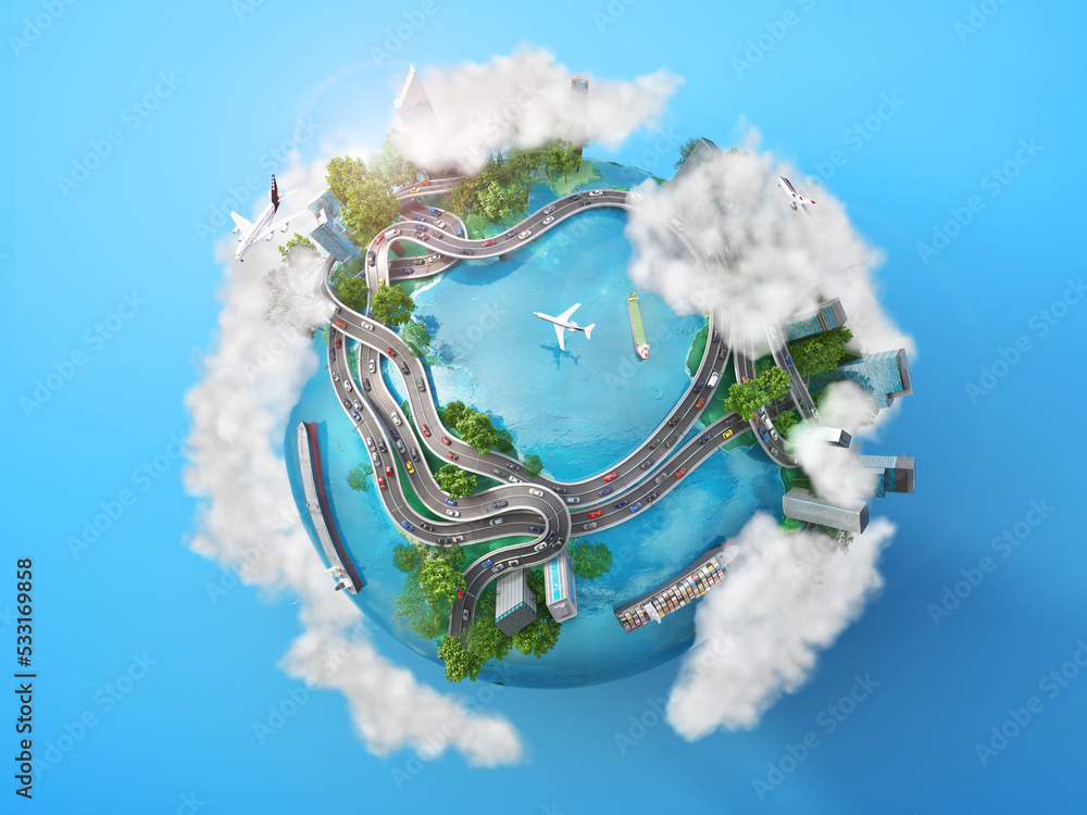 World shipping. Planet with traffic on a Blue background. 3d illustration