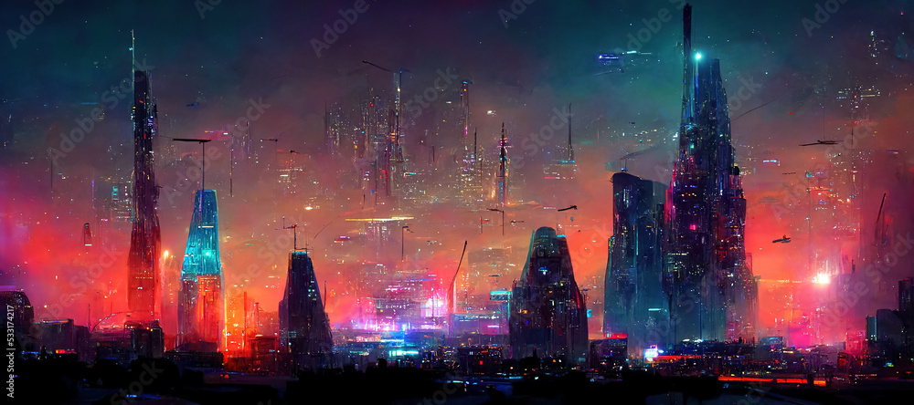 未来幻想世界赛博朋克城市的夜晚以摩天大楼、飞行汽车和n为特色