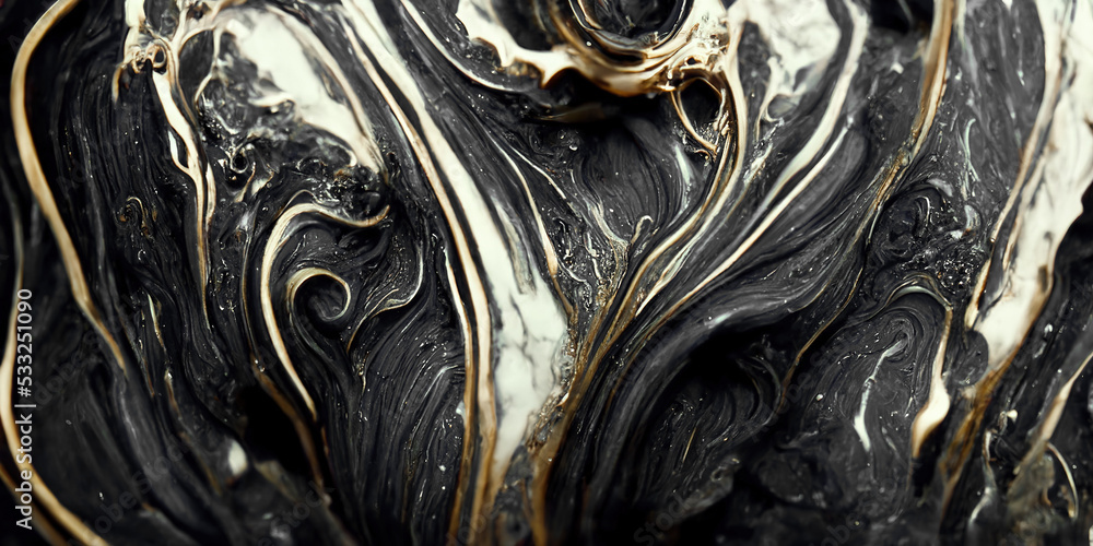 黑色和金色液体墨水翻腾在一起的壮观宏观图像，具有逼真的纹理a
