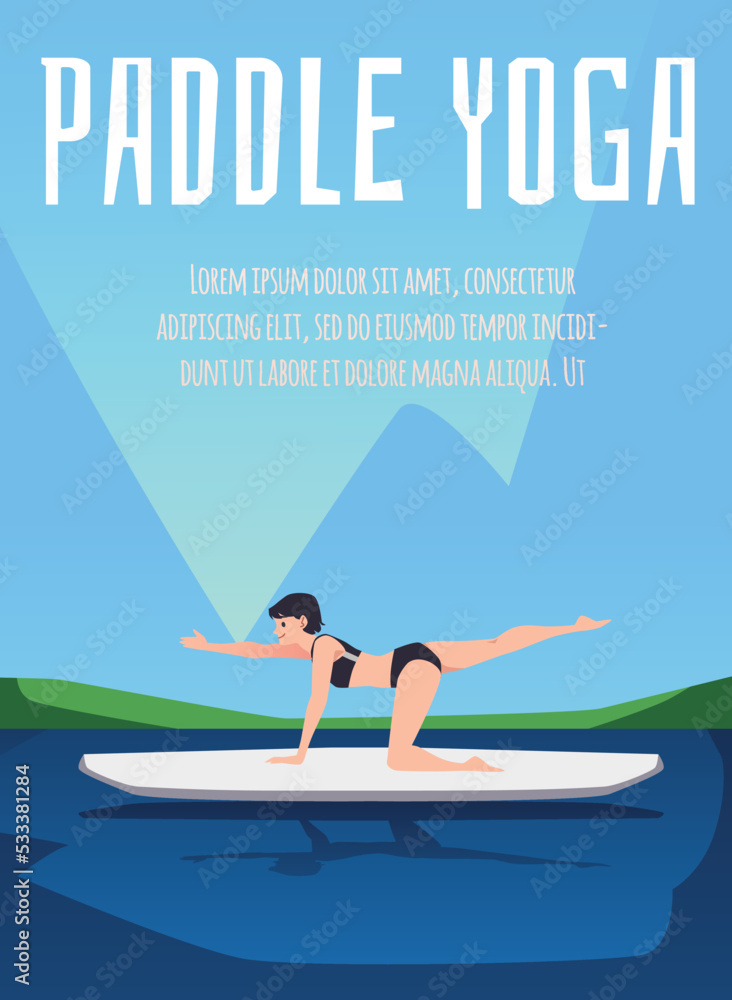 关于桨板瑜伽平面风格的海报，矢量插图