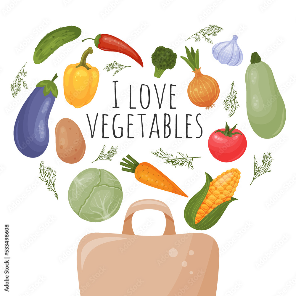 购买环保纸袋和蔬菜。超市里的有机蔬菜。我喜欢蔬菜