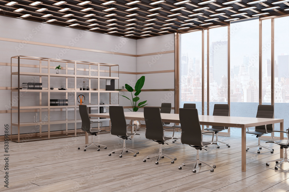 Modern meeting room interior with panoramic windows, city view and furniture. Wooden and concrete wa