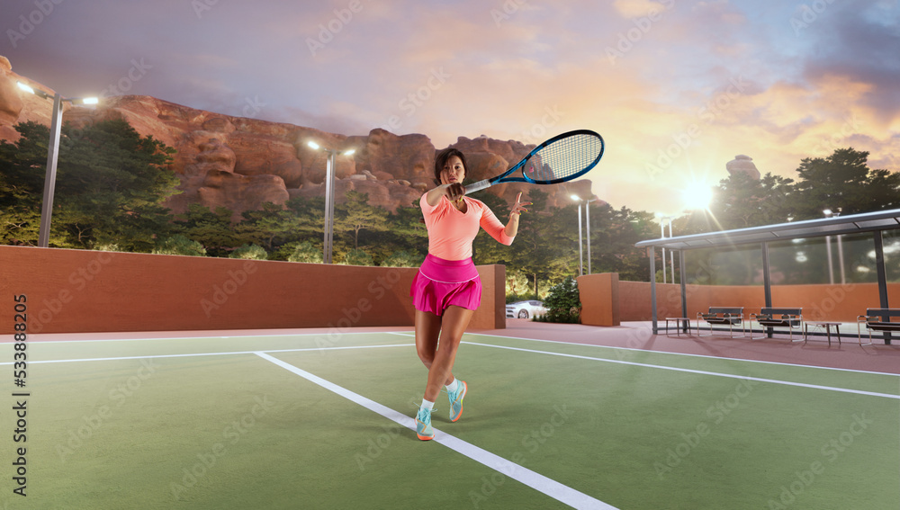 女子在职业网球场打网球