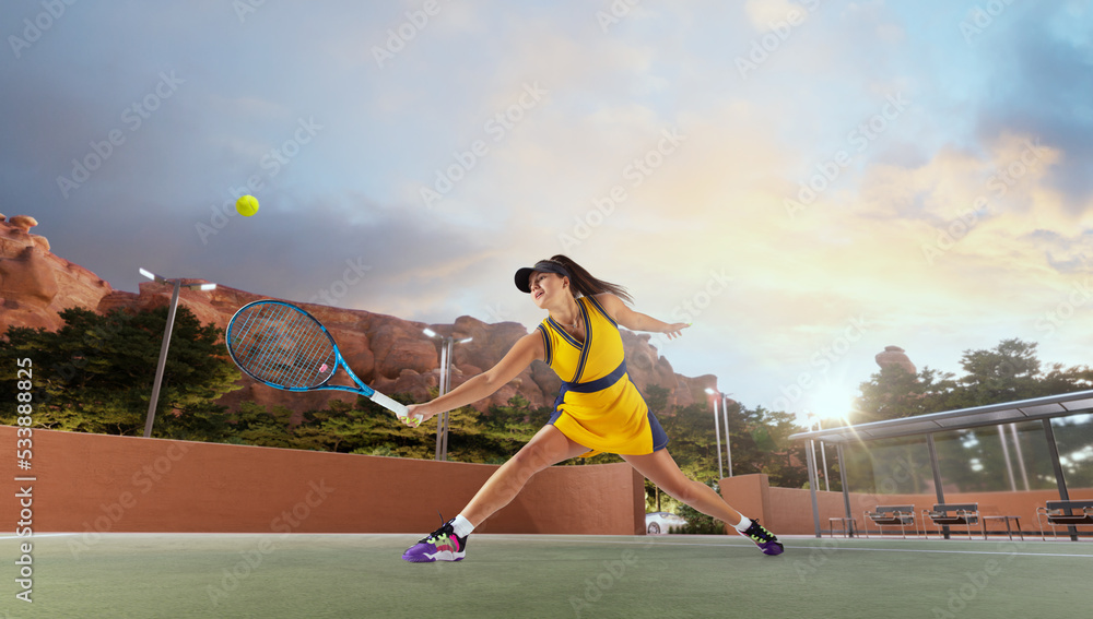 Woman playing tennis in professonal tennis court