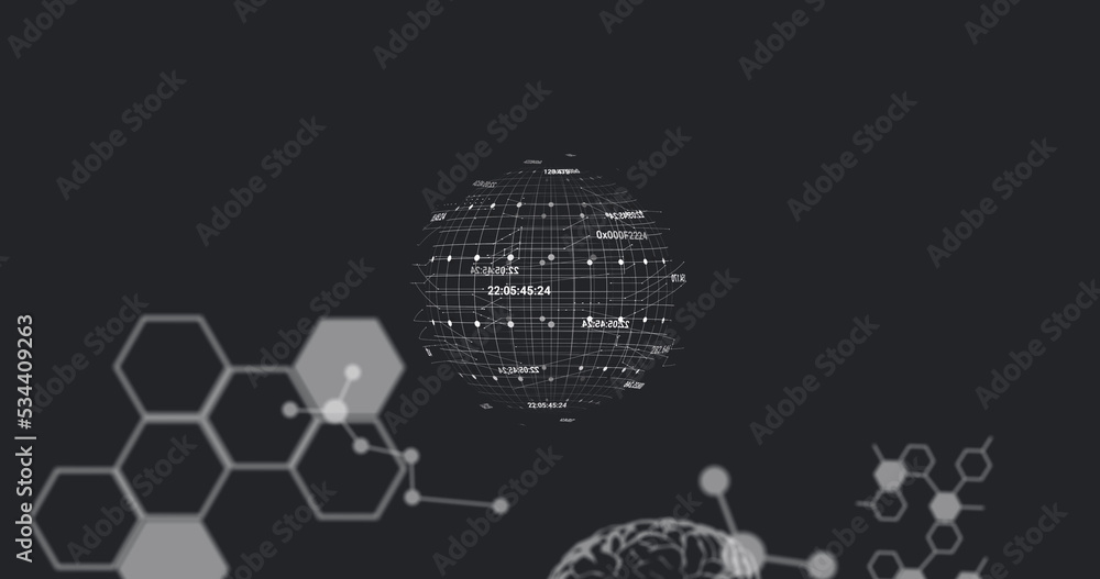 Image of globe rotating over scientific data on black background