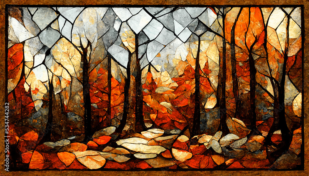 马赛克玻璃背景中壮观的秋季抽象图案，带有橙色森林la