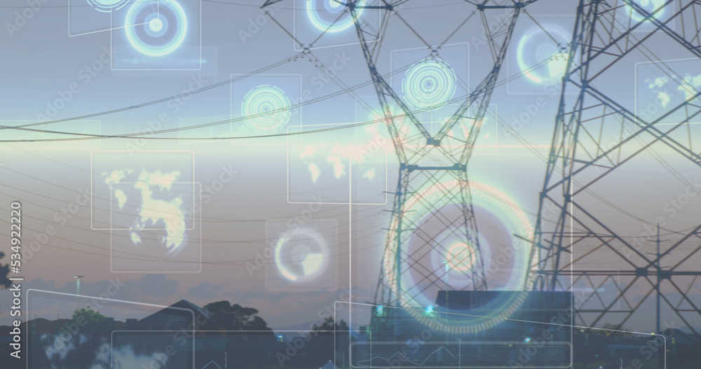 Image of infographic interface over silhouette electricity pylons and trees against sky