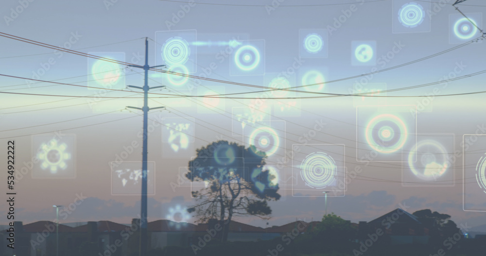 电线塔和天空中的树木轮廓上的信息图形界面图像