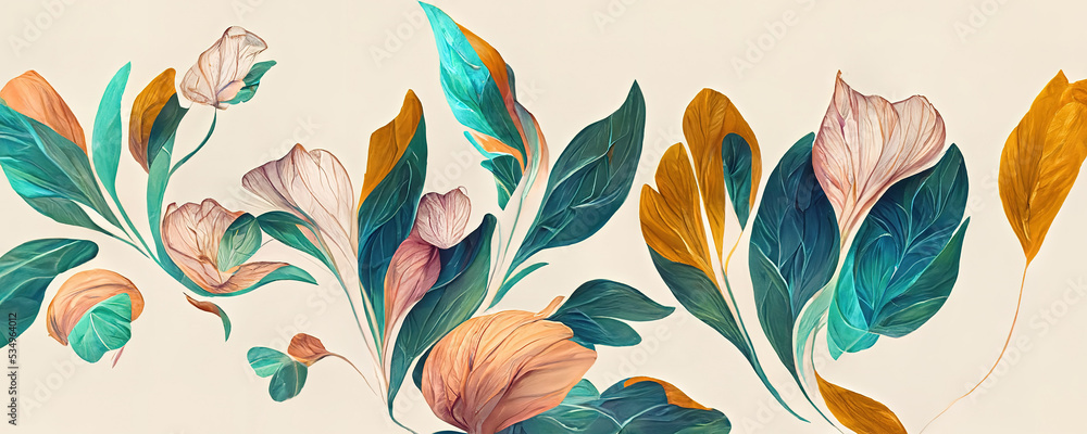 带有叶子和花瓣的花卉设计的壮观粉彩模板。自然花卉艺术品featur