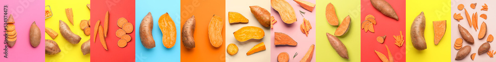 健康红薯拼贴在彩色背景上