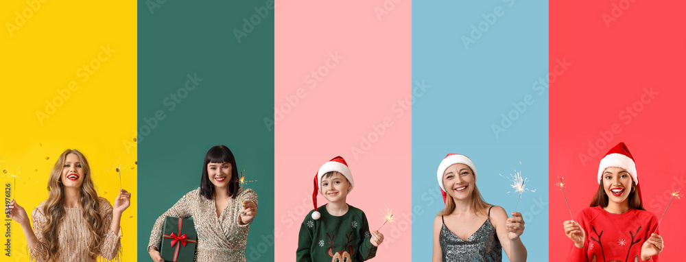 许多人在五颜六色的背景上佩戴圣诞亮片