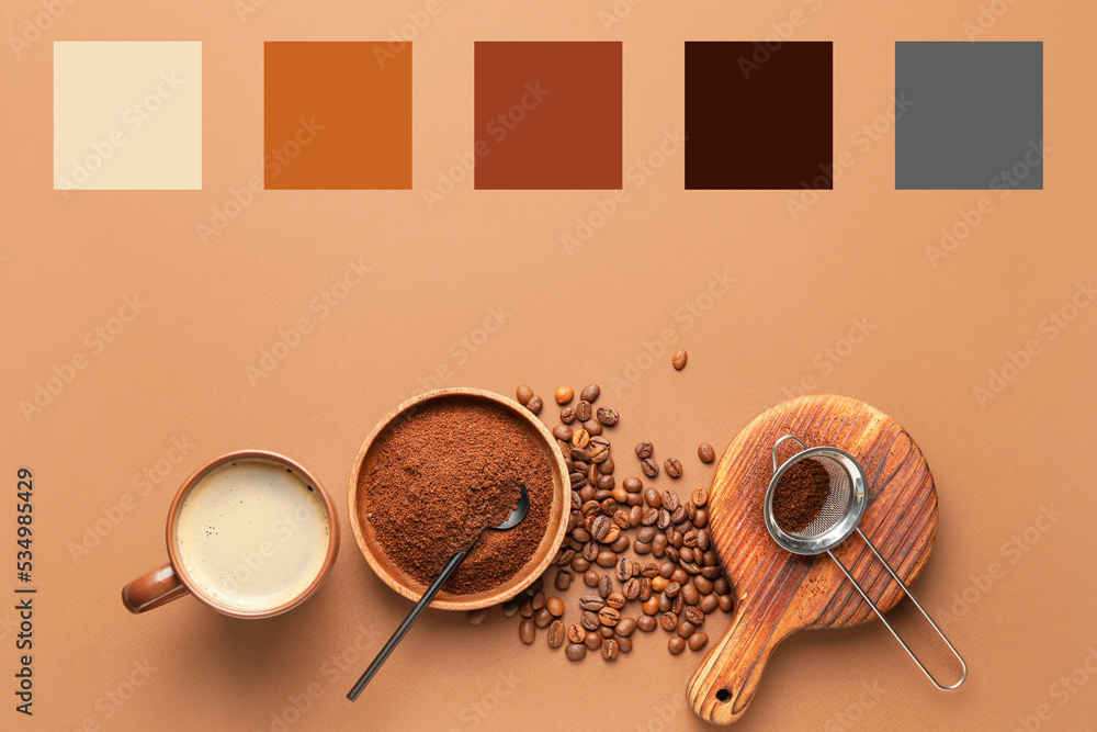 Composition with hot coffee, powder and beans on beige background. Different color patterns