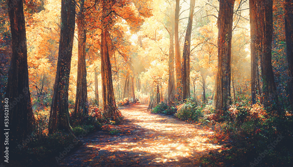茂密的森林里，秋日的景色异常温暖明亮，黄色的树叶从树上飘落