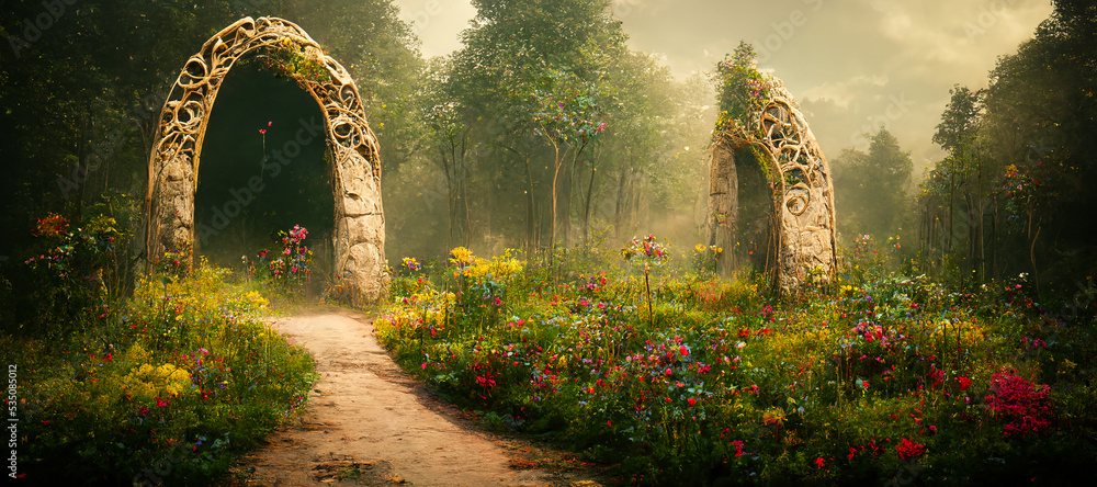 奇幻童话森林景观中间藤蔓覆盖的壮观拱门，朦胧上