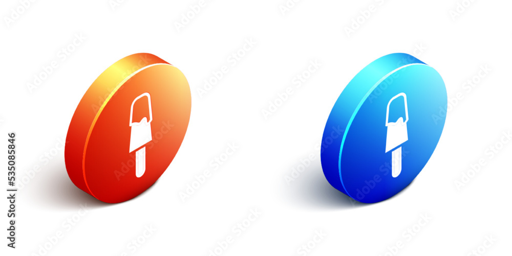 Isometric Ice cream icon isolated on white background. Sweet symbol. Orange and blue circle button. 