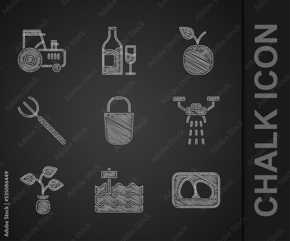 Set Bucket, Garden bed, Chicken egg, Smart farm with drone, Plant, pitchfork, Apple and Tractor icon
