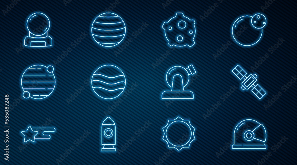 Set line Astronaut helmet, Satellite, Asteroid, Planet, Astronomical observatory and Venus icon. Vec