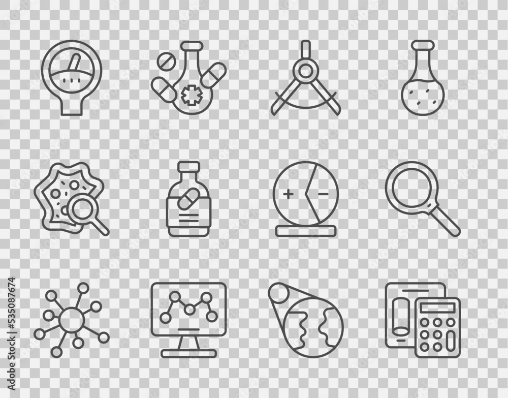 设定线分子，计算器，绘图指南针，基因工程，量规秤，药瓶