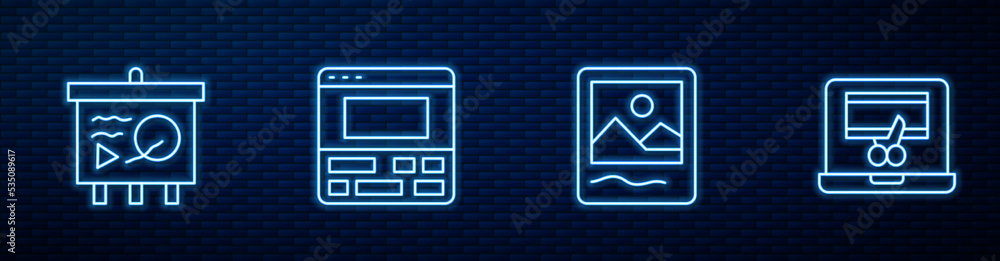 设置线条相框，黑板上的场景，录像机笔记本电脑和砖上的发光霓虹灯图标