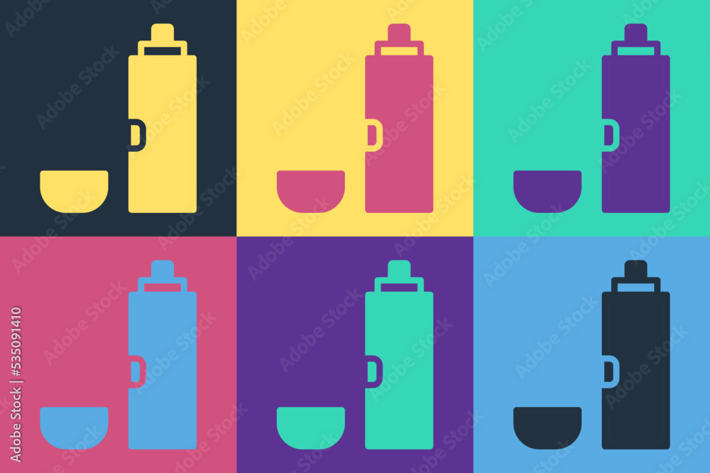 流行艺术保温瓶容器图标隔离在彩色背景上。保温瓶图标。露营和徒步旅行e