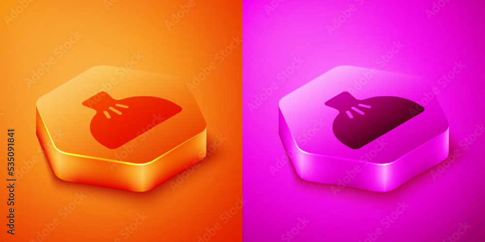 橙色和粉色背景上隔离的等距饺子图标。传统中式菜肴。Hexagon bu