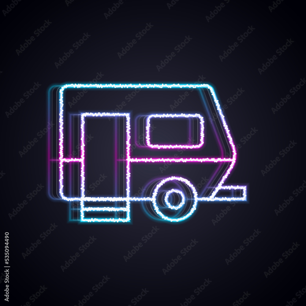 Glowing neon line Rv Camping trailer icon isolated on black background. Travel mobile home, caravan,