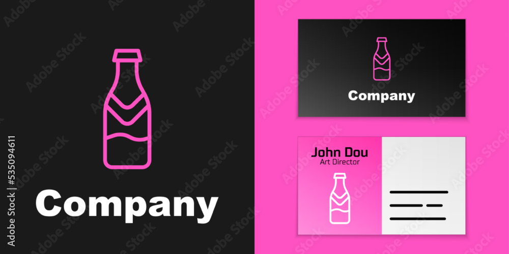 粉红色线条啤酒瓶图标隔离在黑色背景上。标志设计模板元素。矢量