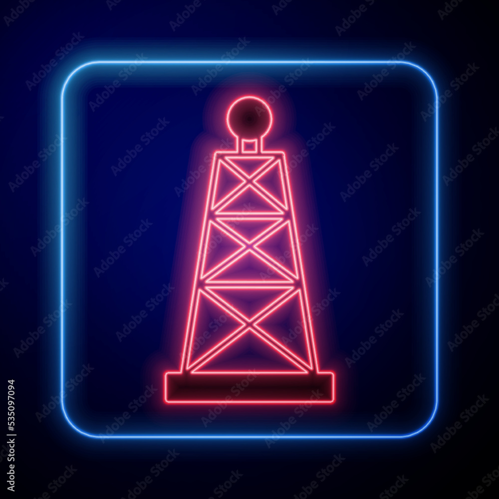 Glowing neon Oil rig icon isolated on black background. Gas tower. Industrial object. Vector